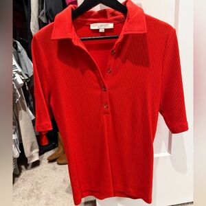 LOFT Women's Bold Red Ribbed Button Down Shirt